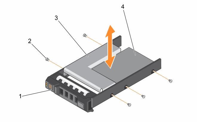 Ilustración 27. Extracción e instalación de un adaptador de disco duro de 3,5 pulgadas en un portaunidades de disco duro de intercambio activo de 3,5 pulgadas 1.