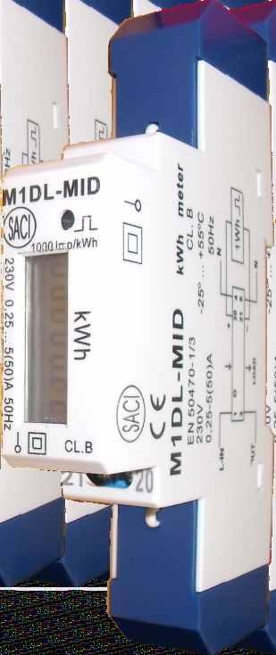 MONOFÁSICO - - MEDIDA DIRECTA - - M1DL-MID M1DL1 Monofásico Certificado MID Clase B (EN 50470-1 y EN 50470-3) Medida directa hasta 50 A Shunt interno Indicador LED de consumo de energía Contador