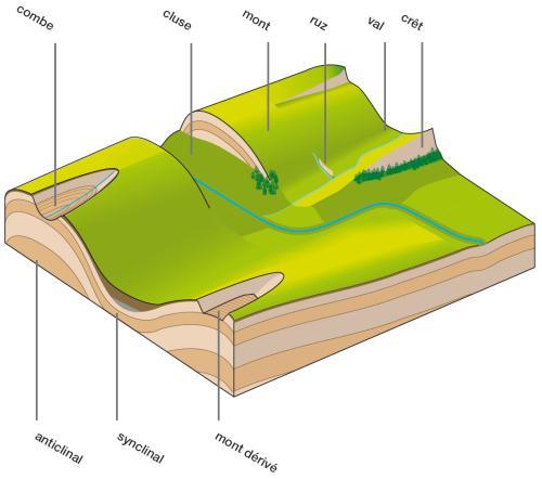 - Relieve jurásico de pliegues suaves. El relive jurásico está formado por estratos suavemente plegados sobre terrenos calizos.
