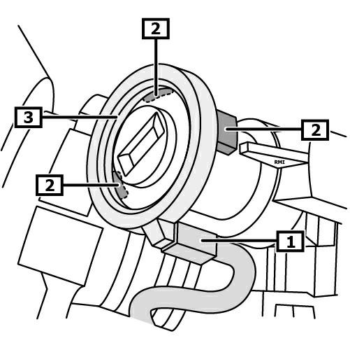 espacio para los pies. Imagen 4 Aflojar la conexión eléctrica para la bobina de lectura. (1) Soltar el bloqueo de la bobina de lectura del inmovilizador.