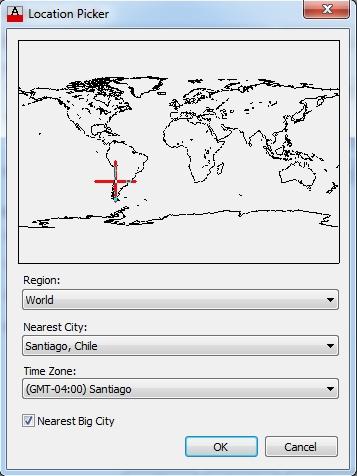 En el ejemplo se ha elegido como región World, se ha realizado click en el mapa de Chile y la ciudad más cercana es Santiago. Se ha establecido Time Zone en -04:00 que corresponde a Santiago de Chile.