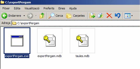 La carpeta ha de contenir 2 fitxers: exportpergam.exe i exportpergam.mdb. Importació de dades a l epèrgam Conversió de les dades Copieu el fitxer" taules.
