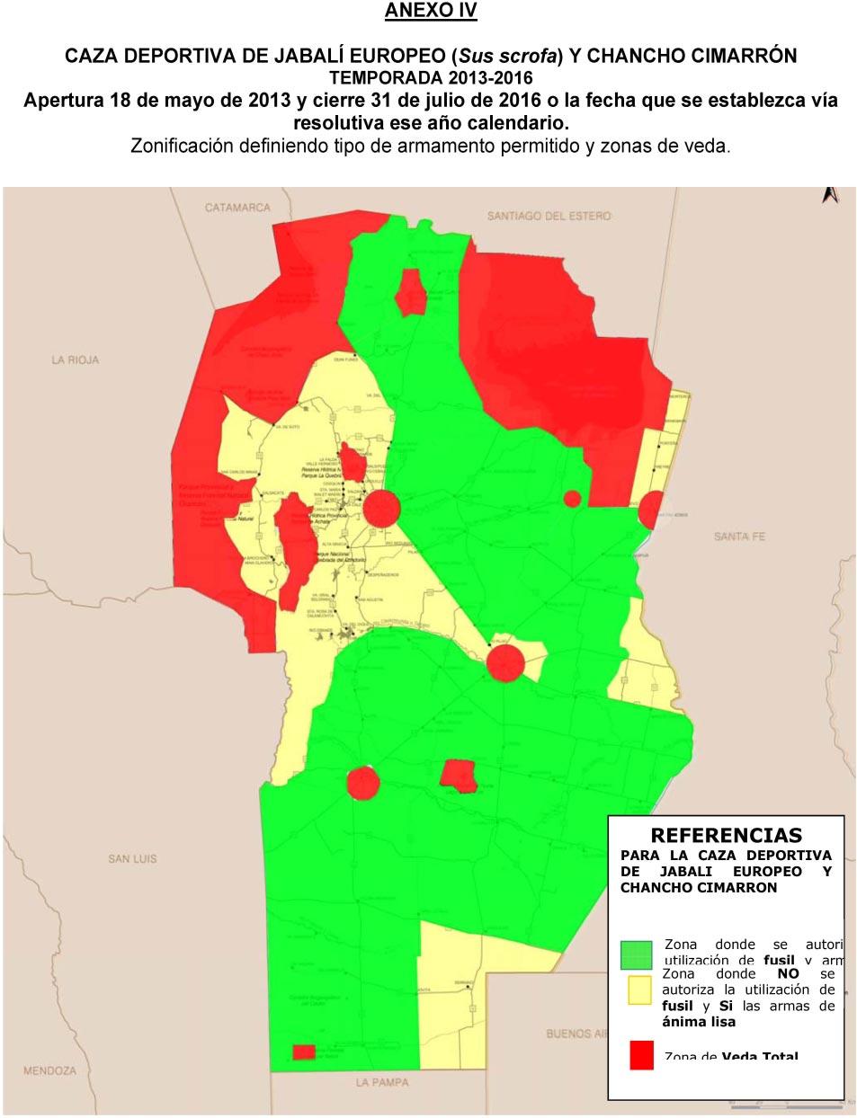 ZONA DE VEDA TOTAL (indicada en color rojo en el mapa) se delimita de la siguiente forma: a. Departamento Capital.