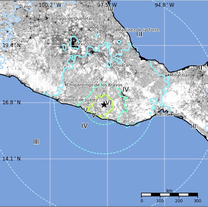 El mapa USGS PAGER muestra la población expuesta a diferentes niveles de intensidad de Mercalli Modificada (MMI). 439.