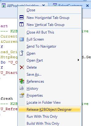 Otras funcionalidades: Opción Release from K2BObjectDesigner: Ahora es posible hacer reléase del web panel designer desde el menú