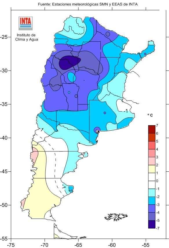 4) presentaron valores inferiores a los normales en todo el norte del país aunque más acentuados en el NOA y Cuyo. Los valores más destacados fueron: Temperatura ( C) Anomalía ( C) La Rioja 26.7-6.