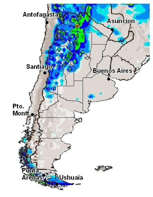Lunes 28: Probabilidad de lluvias y tormentas sobre Tucumán, Salta, Jujuy y Catamarca (norte). Probables precipitaciones sobre zonas cordilleranas de Patagonia sur.