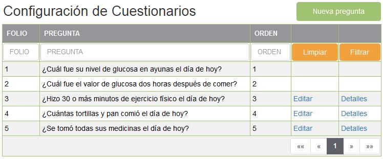 Configuración de Cuestionarios Aquí se agregan las preguntas que serán enviadas en el cuestionario.