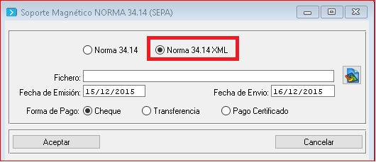 10205B PAGARÉS [10205B39] Dentro de la Gestión de Pagarés en el soporte magnético SEPA se ha añadido la opción para generar la Norma 34.14 en formato XML.