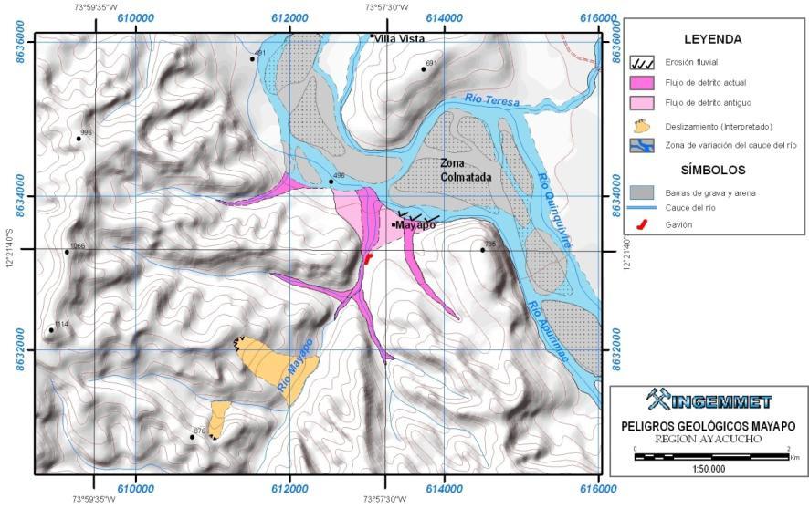 Figura N 8. Mapa de peligros del sector de Mayapo. 5.1. Erosión fluvial Este fenómeno es habitual en ríos de tipo anastomosados (río Apurímac), debido a los cambios de dirección de su cauce.