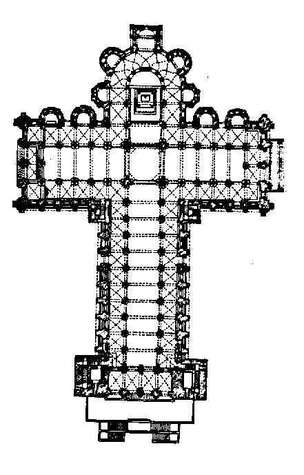 19. Señala en la siguiente imagen donde está situado el ábside, la girola, el crucero, el transepto, la torre campanario y la nave central. 20.