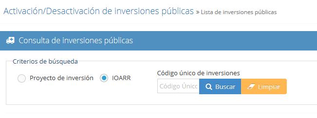 4. Desactivación permanente de IOARR activas Para que el responsable de la UF pueda desactivar una IOARR, debe acceder a la página de inicio del Banco de Inversiones y hacer clic en la opción