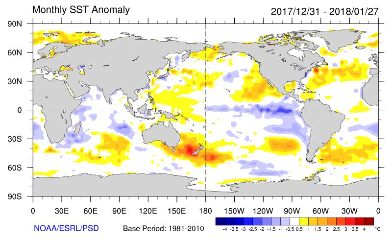 TEMPERATURA DE AGUA DE MAR (TSM) - PROMEDIO MENSUAL Figura 1: Anomalías de la temperatura superficial del mar en enero de 2018.