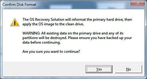 7. El siguiente proceso reformateará la unidad de disco duro principal. Haga una copia de seguridad de los datos antes de realizar el proceso de recuperación. 8.