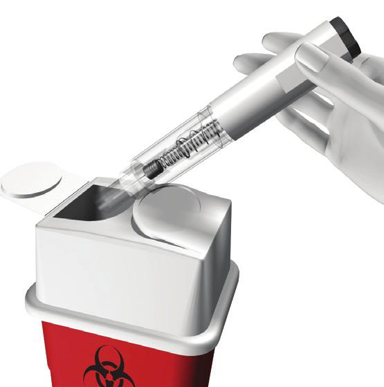 Eliminación 1) Coloque los autoinyectores Rebif Rebidose usados de inmediato en un recipiente para objetos punzantes aprobado por la FDA después de su uso (fig. h ).