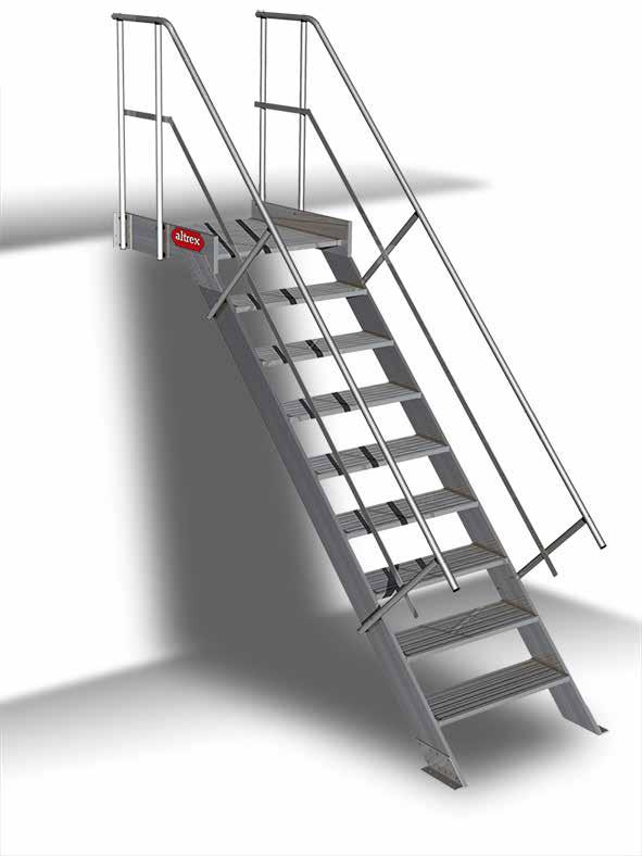 DESVAN 45 Escalera de acceso a altillo fabricada en aluminio y de acuerdo a la normativa europea EN14122. Con barandillas a ambos lados y escuadras para fijación en el suelo y en la parte frontal.