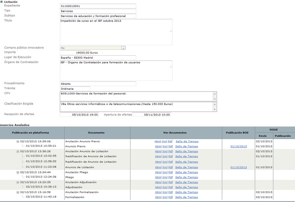 Servicios web de la Plataforma de Contratación para Órganos de Vista pública de un expediente con anuncios anulados 3.1.