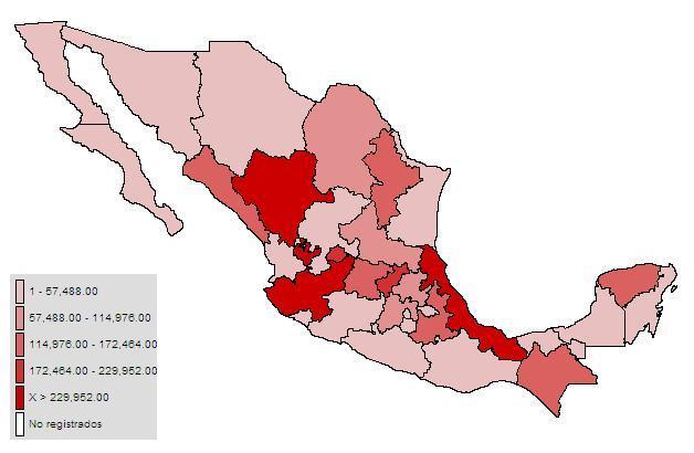 De total nacional, el 11,3% se agrupó en el estado de Jalisco, con 304.103 toneladas. Le siguieron Veracruz, con 289.227 toneladas; Durango, con 252.083 toneladas; Querétaro, con 216.