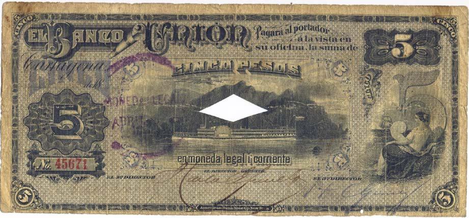5 pesos Banco Unión, resellado por el departamento (anverso y reverso) Memoria Numismática 200 años Independencia de