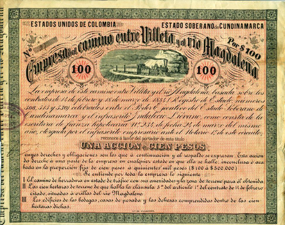 Se trata de una acción por 100 pesos de la Empresa del camino entre Villeta y el Río Magdalena, del año 1884, impreso por la Litografía Villaveces de Bogotá.