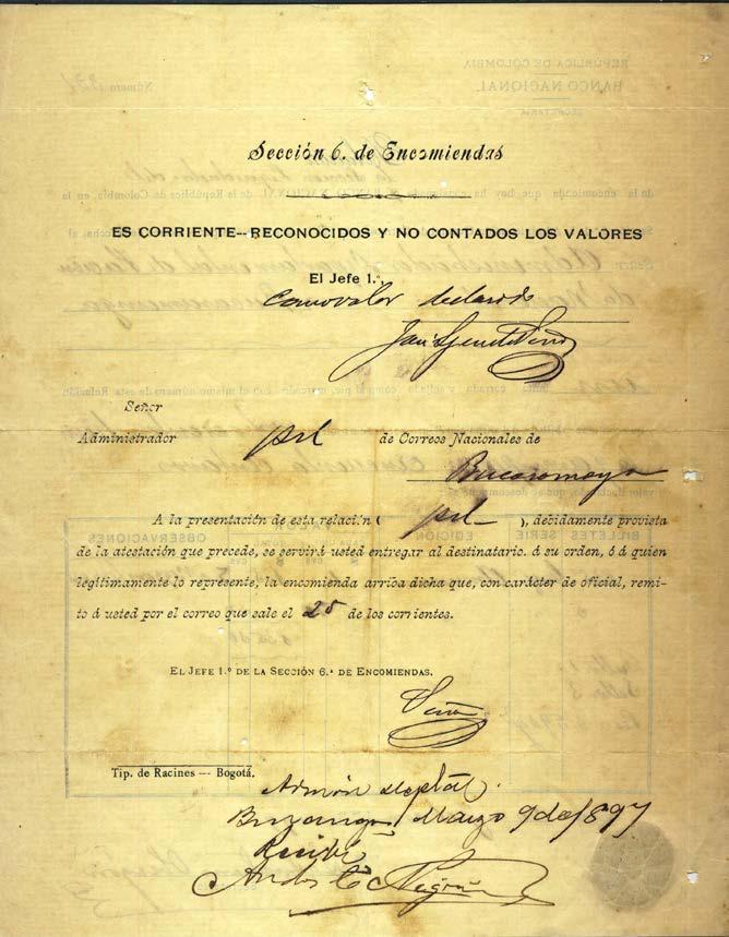 Banco Nacional, Relación envío de encomienda monetaria, 1897 (anverso y reverso) En el departamento del Atlántico fueron resellados los billetes de El Banco de Barranquilla de la serie del año de