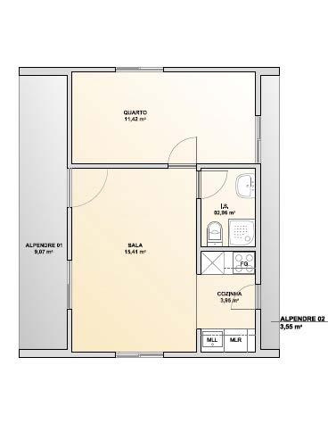 T1 4. MODULAR S Arquitectura Áreas: Sala 15,50 m² Instalación Sanitaria 2,96 m² Cocina 4,01 m²
