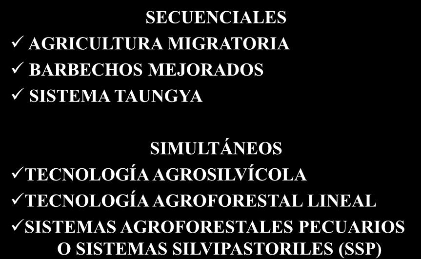 TIPOS DE SISTEMAS AGROFORESTALES (SAF) SECUENCIALES AGRICULTURA MIGRATORIA BARBECHOS MEJORADOS SISTEMA TAUNGYA SIMULTÁNEOS