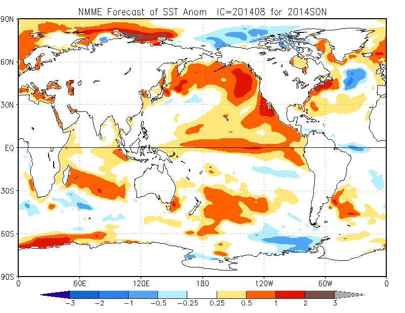 Informe Técnico PpR/El Niño-IGP/2014-10 Figura 9. Pronóstico de la anomalía de temperatura superficial del mar promediada sobre los modelos del proyecto NMME (NCEP CFS2, CanCM3 CMC1 y 2, GFDL CM2.