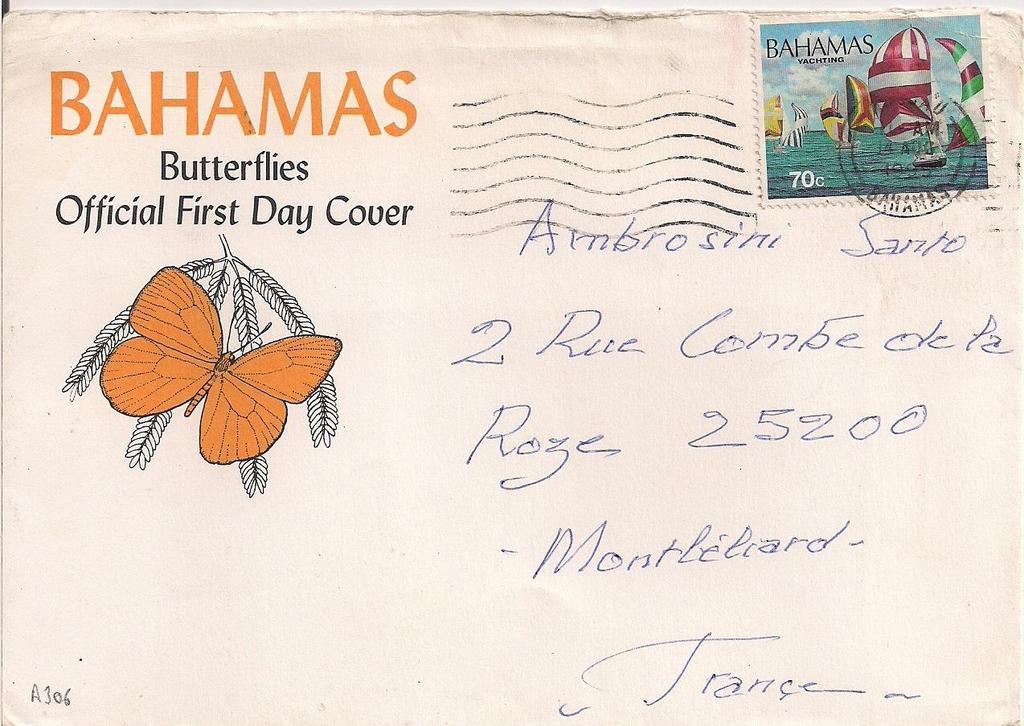 1995 Agusto 14 : Sobre primer día de Mariposas 1983 (Scott : 539-542), enviado de Nassau a Montbeliard, Francia, con