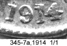Los restos del 7 de 1907 se ven claramente. 345-7, 1914. Un peso papel moneda. También fue presentada por Alexánder. Una fecha escasa con un bonito duplicado del segundo 1.