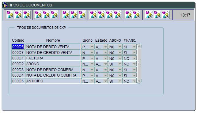 Figura 5. Tipos de Documentos de Cuentas por Pagar Fuente; Propia Código: Ingrese el código que va a asignar al tipo de documento ingresado.