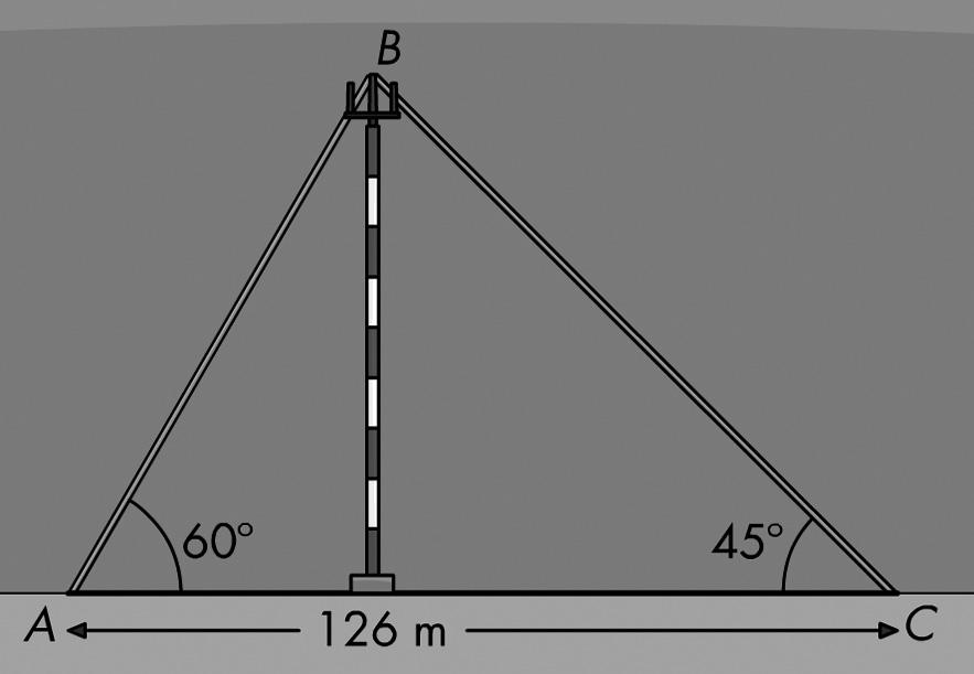 7.1 Una antena de ràdio està subjecta a terra amb dos tirants de cable d acer, com indica la figura. alcula: a) L alçària de l antena. h = 79,88 m b) La longitud dels cables. = 9,4 m, = 11,97 m.
