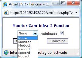 Daremos un clic a NONE y nos mostrará la siguiente pantalla En esta podemos encontrar las funciones de: - MONITOR: te permite visualizar la cámara - MODECT: te permite monitorear por medio de