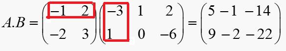 Sean las matices calcula AB. 1 2 3 1 2 A= y B = 2 3 1 0 6 2 2 2 3 Se multiplica cada vecto fila po cada vecto columna convitiéndolos todos en vectoes filas. ( 1, 2 ).( 3,1) = 3 + 2 = 5 ( 1, 2 ).