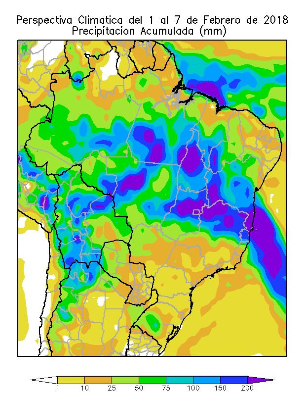 La mayor parte de los Estados de Pará, Maranhao, Tocantis, Piauí, Mato Grosso, Goais, Bahía, Minas Gerais y el sudeste de Río Grande do Sul, registrarán precipitaciones abundantes a muy abundantes