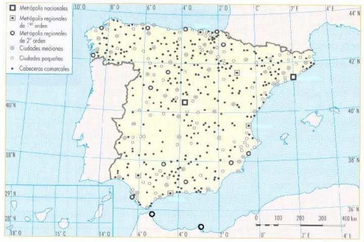 PRÁCTICA nº 06 PREGUNTA 2 DEL EXAMEN DE 2005, 2007 El mapa muestra el sistema de ciudades de España.