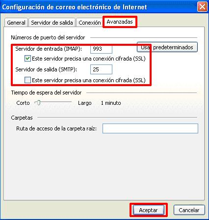 (SSL) del servidor de entrada (IMAP) y pulse
