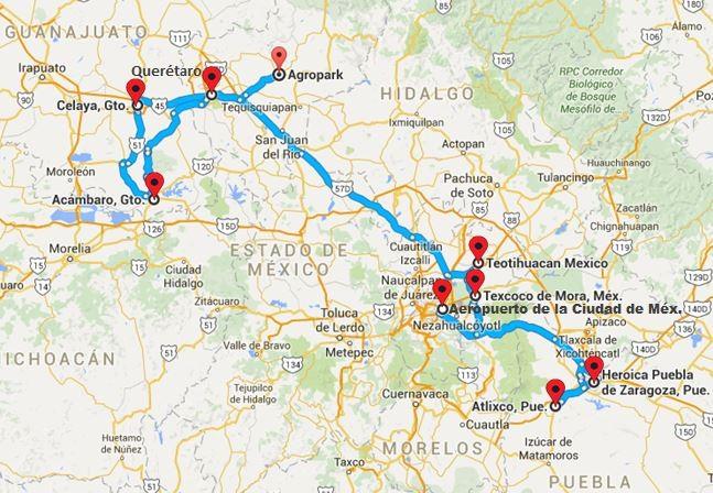 Ruta de recorrido de la Gira en Hidroponia a México Nota: Los puntos marcados en rojo son