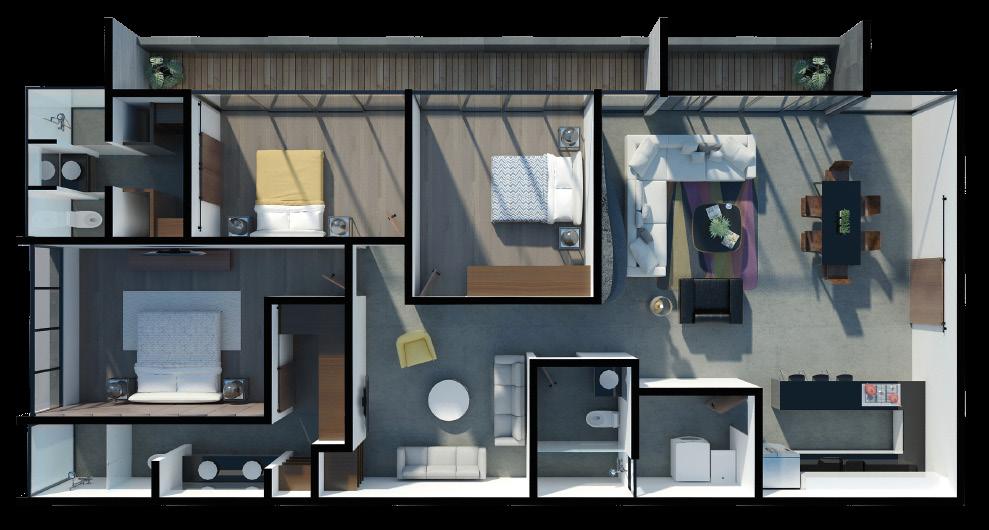 BERNA DEPARTAMENTO Este modelo ubicado en segundo nivel ofrece altura y amplias terrazas con piso deck importado y muro divisorio, brindando