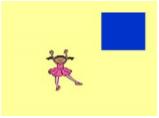 PRACTICA 4: 1. Cambia el fondo pintándolo con un color amarillo pastel. 2. Dibuja un rectángulo azul como el de la figura 3. Elige el personaje Ballerina 4. Haz un programa que: a.