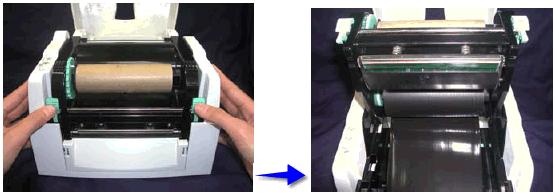 Instalación de una cinta de termotransferencia o ribbon Advertencia: Para el método de impresión por termotransferencia debe instalarse una cinta de transferencia térmica.