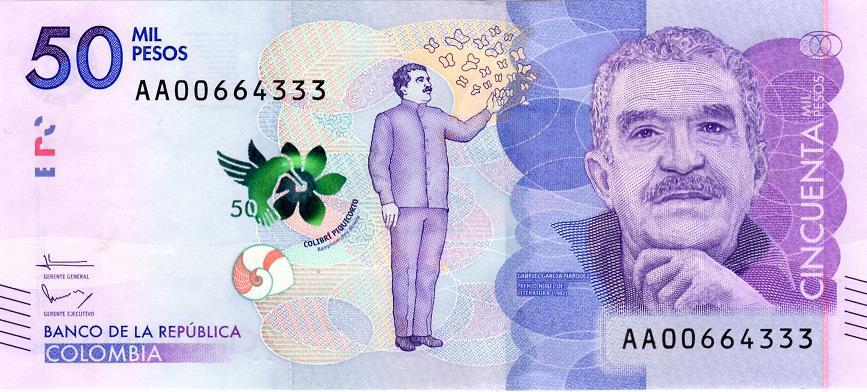 Nuevo billete colombiano de cincuenta mil pesos, 2016 (anverso y reverso) Boletín Numismático No.