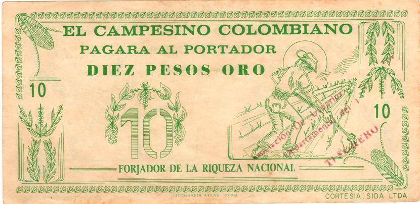 El campesino colombiano, bono por diez pesos oro Título de Sociedad Anónima de Andes (Antioquia) Seccional de Crédito
