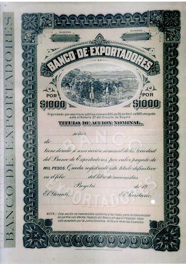 Título valor del Banco de Exportadores Acción por valor de 1.000 pesos de El Banco de Exportadores.
