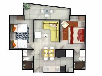 62,13 m² Área total Privada: 56,13 m² Apartamento tipo mariposa con dos habitaciones, 2 baños cocina integral abierta, terraza con acceso a todos los
