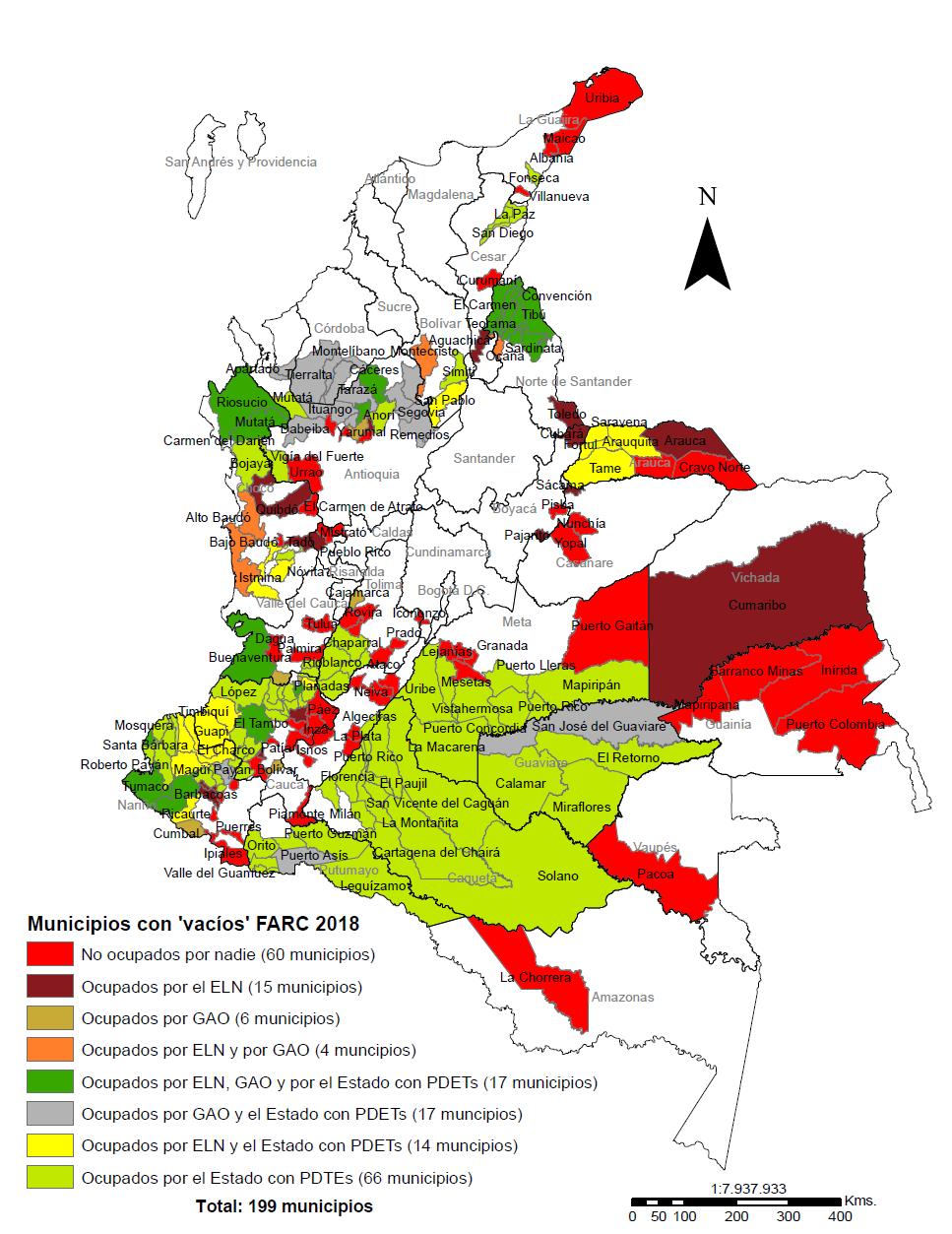 Mapa de Vacíos FARC Este mapa muestra los 199 municipios en los que se tuvo registro de la presencia armada de la guerrilla de las FARC en 2016, antes del proceso de desmovilización.