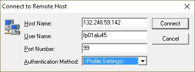 Desde FUERA de la red de la FI. Para conectarse de cualquier máquina fuera de la FI, debemos poner la siguiente IP o dirección en el campo Host Name: 132.248.