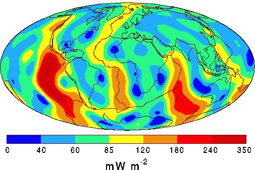 Comparación del flujo de calor neto superficial y el flujo de calor a través del fondo marino Flujo de calor geotérmico: Notar que los valores máximos (mayores