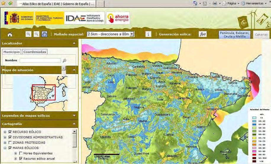 Atlas Eólico de España a disposición pública Doble finalidad: Servir de apoyo para todas las administraciones públicas en la elaboración de planificaciones o estudios relacionados con el área eólica.