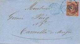 MAGNIFICA Y RARA, ULTIMOS DIAS DE CIRCULACION DE LA EMISION. 208 57(2) 80 1863. 2 cuartos azul, dos sellos.